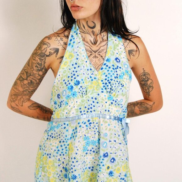 Floral Halter Dress (S/M) vintage 90s blue impressionist small - Picture 4 of 7